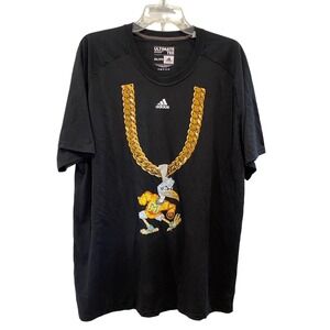 Adidas University of Miami Hurricanes T-Shirt Mens 2XL Black Gold Chain Turnover